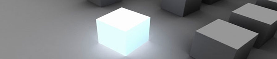 A luminous white cube surrounded by gray cubes view at an isometric angle